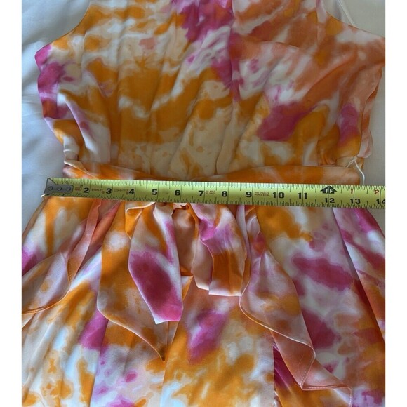 CALVIN KLEIN Tie Dye Chiffon Maxi Dress Women Large Orange Pink Tie Waist Ruffle - Picture 11 of 13